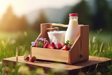 Fototapeta na wymiar Fresh Dairy and Strawberries in Wooden Crate