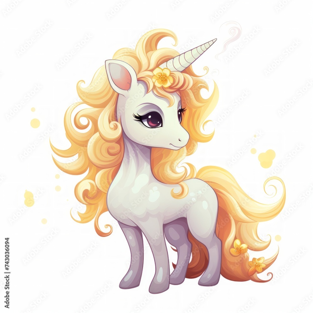 Aufkleber generative ai a tiny magical unicorn with a flowing mane and a shimmering horn, radiating grace.