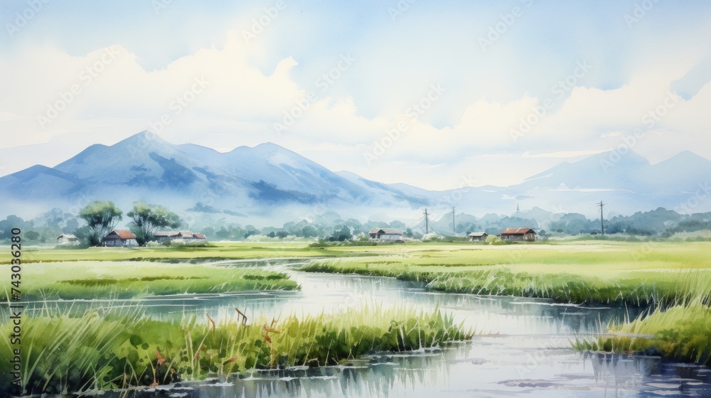 Poster Generative AI A tranquil rice paddy field with mountains in the distance.