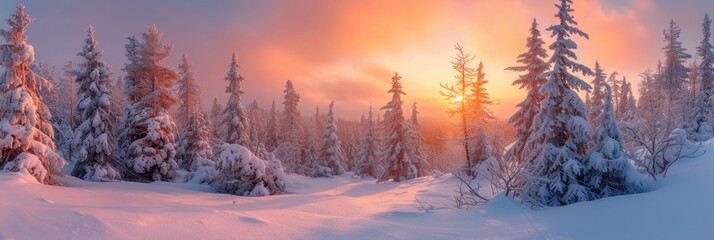 Snowy forest at dawn