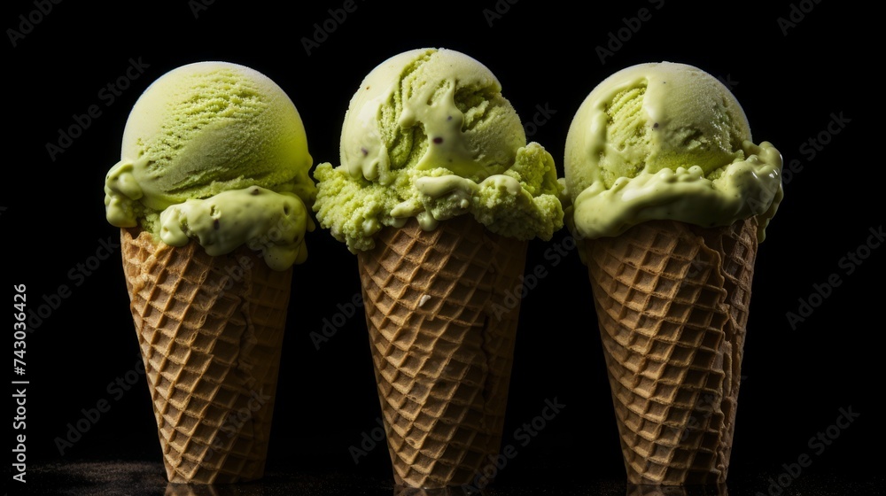 Poster a trio of pistachio ice cream scoops captured in a close-up realistic photo against a white backgrou