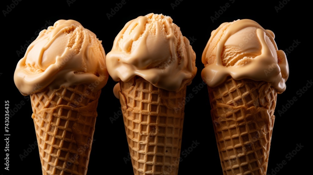 Poster a trio of salted caramel ice cream scoops captured in a close-up realistic photo against a white bac