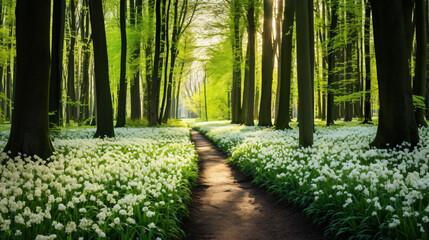 Walkway through a spring forest with blooming