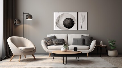 Modern living room with sofa, round chair and pattern carpet