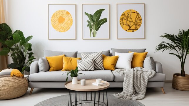 Modern boho interior of living room at cozy apartment with gray sofa, honey yellow pillows and plaid, plants, paintings, rattan basket and design personal accessories. Stylish home decor. Template