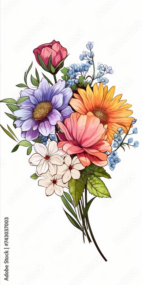Poster Generative AI A vibrant bouquet of assorted flowers arranged elegantly on a white background, with ample space for personalized messages or text.