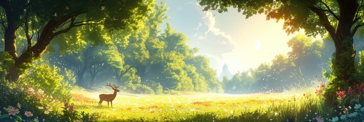 Magical forest dawn with grazing deer