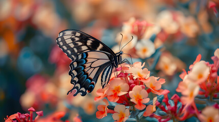 A butterfly, with vibrant flowers as the background, during the emergence of life