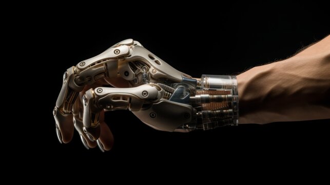 Generative AI A visual representation of a person's hand equipped with a bionic prosthetic, showcasing precise movements and versatile grip functionalities - Powered by Adobe