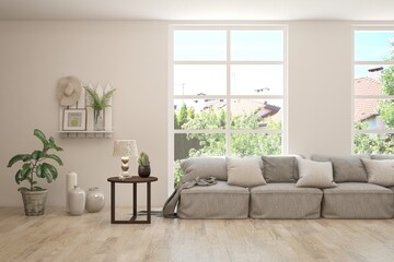 Contemporary classic white interior with furniture and decor and summer landscape in window. Scandinavian interior design. 3D illustration
