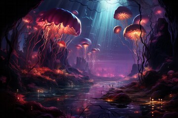 a painting of a cave filled with jellyfish and mushrooms