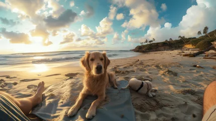 Photo sur Plexiglas Coucher de soleil sur la plage Man and his dog on a mat on a beautiful beach and playing with his dog The concept of family and pets