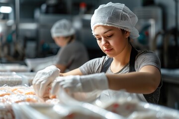 A female worker packing frozen food wears an apron with a hat and gloves in a food packaging factory. - obrazy, fototapety, plakaty