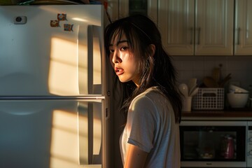 Asian woman standing next to the refrigerator in the kitchen