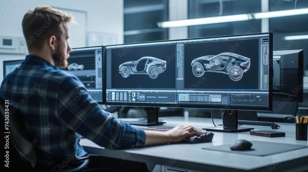 Poster a man sits at a desk with two computer monitors, using a personal computer and peripherals for engin