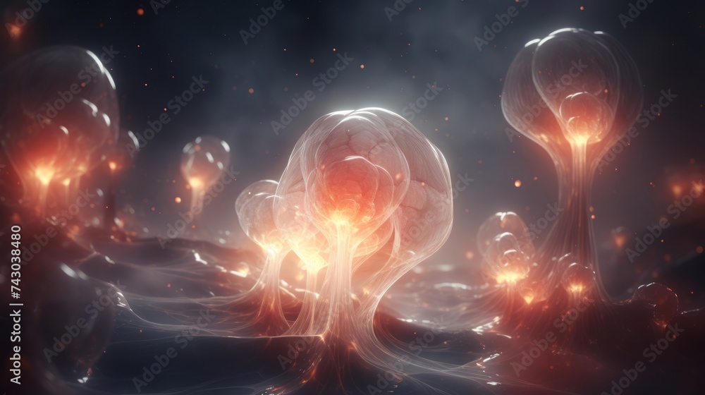 Poster Generative AI Abstract nebulous forms resembling celestial bodies in a cosmic-inspired background.