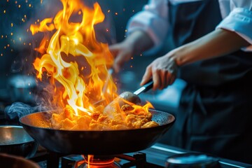 Professional chef hands cook food with fire in kitchen