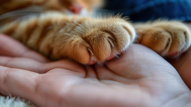 Close-up of a cat's paw on a human hand. Love between animal and human concepts