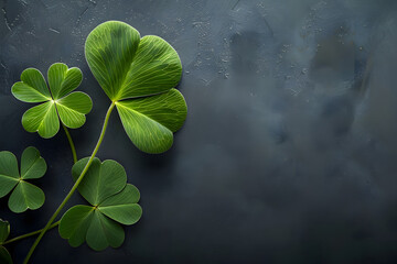 Four leaf clover on a dark background. St. Patrick's Day celebration, luck and fortune concept, copy space - obrazy, fototapety, plakaty