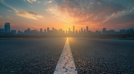 Empty asphalt road and modern city skyline with buildings view at sunset - obrazy, fototapety, plakaty