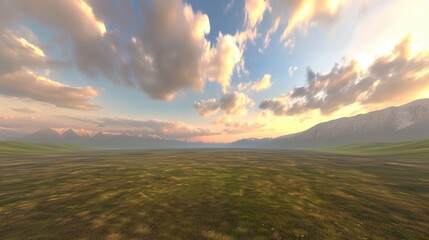 Empty space and green mountains with sky clouds at sunset - obrazy, fototapety, plakaty