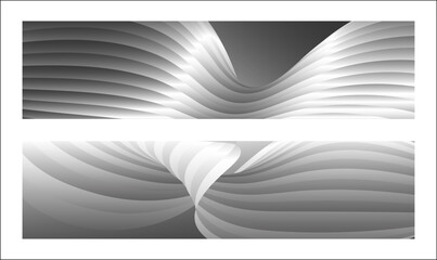 Monochrome cover design, abstract background. Wavy silver parallel gradient lines, ribbons, silk. Set of 2 backgrounds. Black and white with shades of gray banner, poster. eps vector