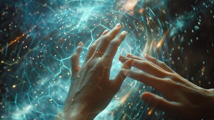 Female hands touching the metaverse universe, digital transformation concept for the technological age. - obrazy, fototapety, plakaty