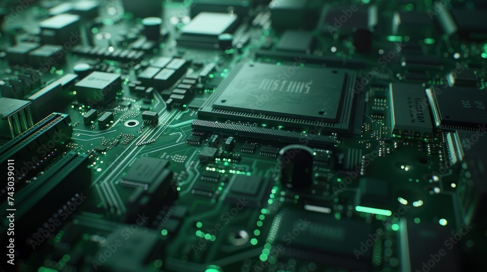 Fototapete green light circuit board. technology background computer central processor cpu concept motherboard 