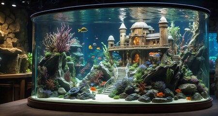 Explore the underwater world with an ultra-realistic depiction of a themed fish aquarium, featuring a carefully recreated aquatic environment, from the intricate details of a sunken ship-Ai Generative
