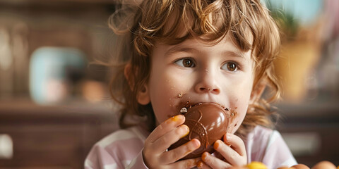 A child, eyes alight with joy, delicately savors a chocolate Easter egg, 