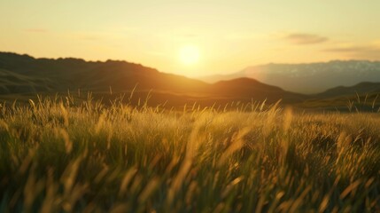 Fototapeta na wymiar Landscape image of sunset grass in summer Landscape of mountains with grass in the foreground Landscape for posters, billboards