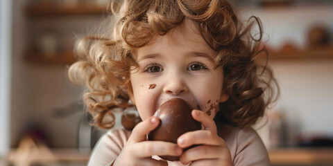 A child, eyes alight with joy, delicately savors a chocolate Easter egg,  - obrazy, fototapety, plakaty