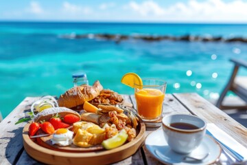 Luxury breakfast food on wooden table, with beautiful sea background.