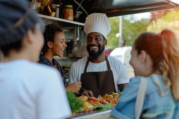 Multiracial people ordering food at counter in food truck outdoor - Soft focus on chef man face - obrazy, fototapety, plakaty