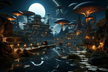 An art piece featuring a city, mushrooms, and a full moon against a dark sky