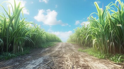 The sugarcane plants planted in the sugarcane fields were lined up in beautiful rows ready to be cut and the sky was bright with few clouds. - obrazy, fototapety, plakaty
