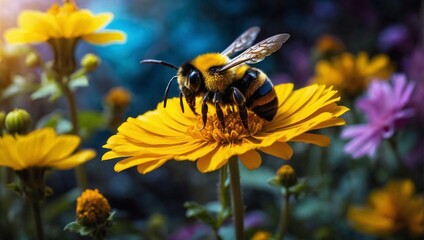 A bee takes care of Beautiful flower Yellow stands out HD in a mystical