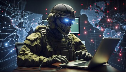 A man wearing a gas mask is intensely focused on his laptop screen, typing and analyzing data as he works diligently. The atmosphere is charged with a sense of urgency and high stakes
