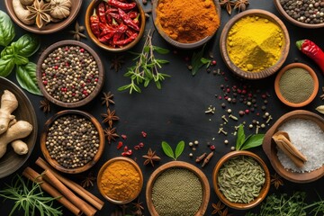 Fototapeta na wymiar Indian spices and herbs on chalkboard. Indian food.