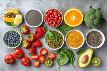 Top-down view of fresh fruits, vegetables, grains, leafy vegetables on gray concrete background.
