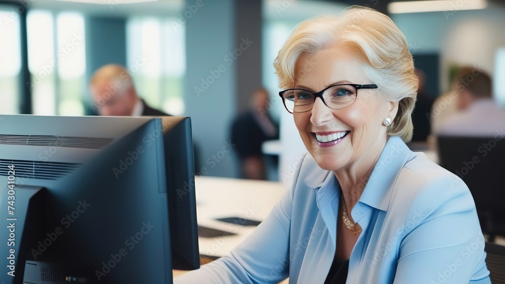 Wall mural mature business woman 65 years old using laptop and working on computer while sitting at desk in off