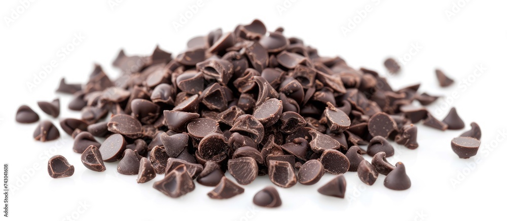 Poster a pile of small, brown chocolate chips is scattered on a clean, white background. the chips are irre