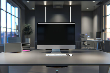 Empty computer monitor screen for design mock up template in modern small office interior or home office.