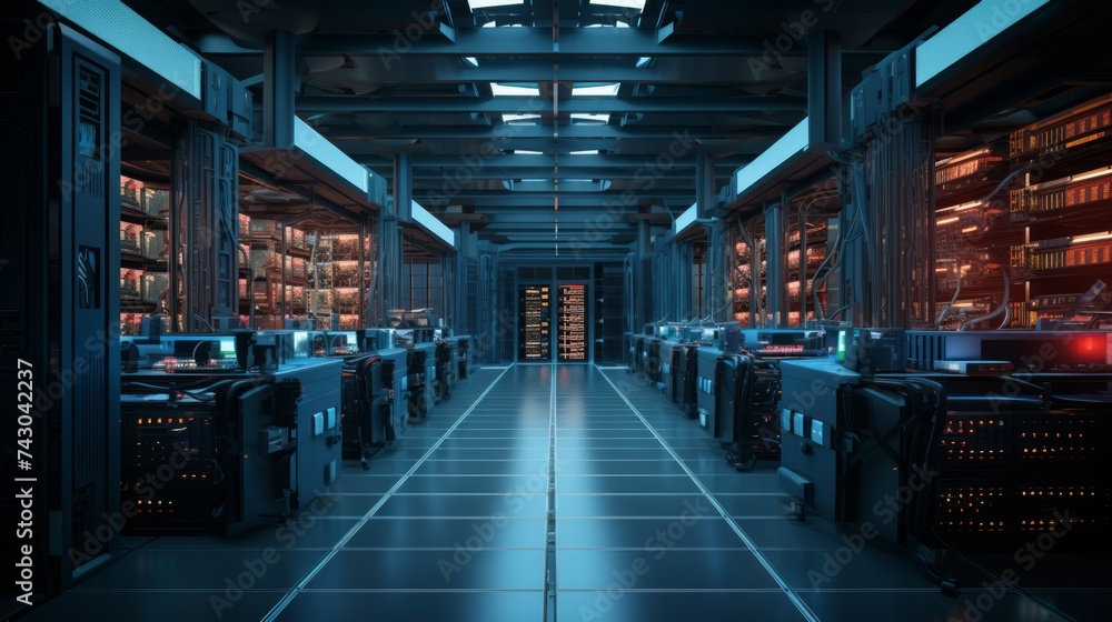 Poster generative ai an expansive rendering facility filled with rows of high-performance computers, workin