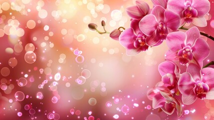 Orchids   stunning bouquet of blossoms in radiant beauty on blurred background, copy space