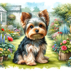 cute yorkshire terrier dog in the flower garden watercolor illustration