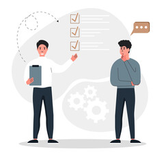 Businessmen communicate with each other and share their new ideas. Work in a team. Businessmen check the list of completed tasks.Business meetings concept. Vector illustration.