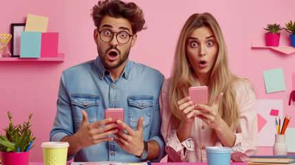 Fototapeta premium Excited man and woman reacting to content on their smartphones.