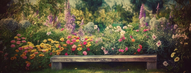 wooden bench in garden with background full of spring flowers - obrazy, fototapety, plakaty