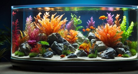 Create an ultra-realistic image of a vibrant fish aquarium, capturing the exquisite details of tropical fish in their underwater environment, with brilliant colors, realistic aquatic-Ai Generative